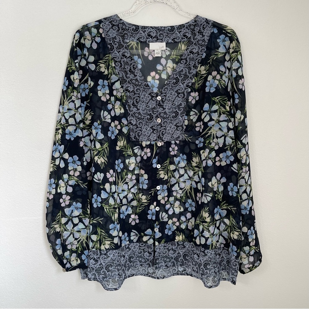 J. Jill Floral Long Sleeves Peasant Lightwight Sheer Button Down Shirt Blouse L
